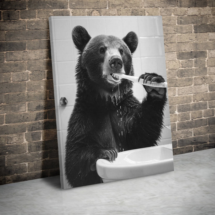 Bear Brushing Teeth Wall Art | Funny Bathroom Decor Print | Premium 1.25-Inch Gallery Canvas | Unique Animal Home Gift