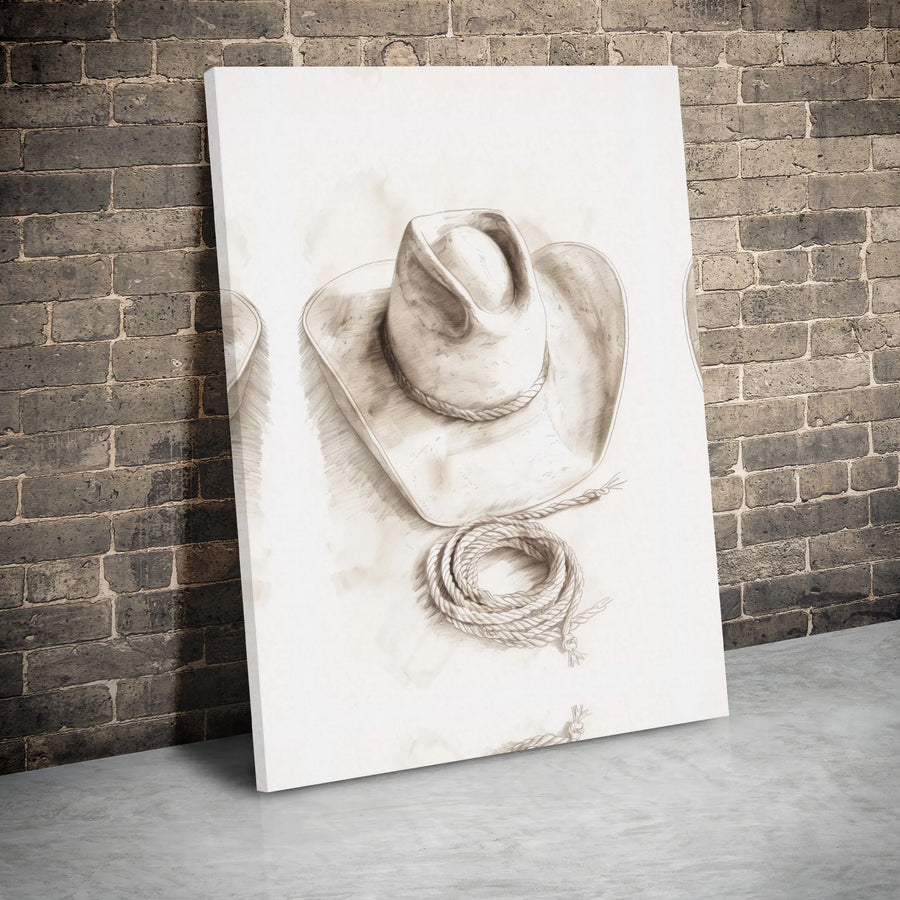 Western Cowboy Hat and Lasso Canvas Wall Art | Rustic Sketch Style Print | 1.25 Inch Gallery Wrap | Country Home Decor Gift