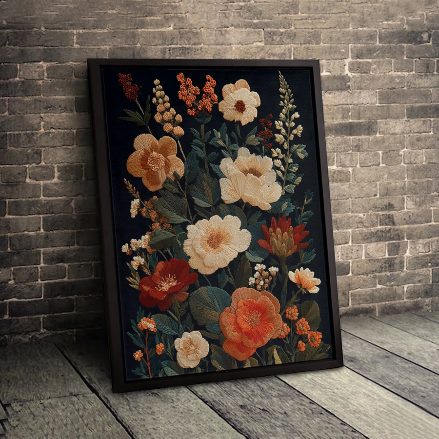 Floral Embroidery Wall Art | Moody Botanical Canvas Print | Premium Gallery Wrapped Decor | Dark Aesthetic Home Gift for Her