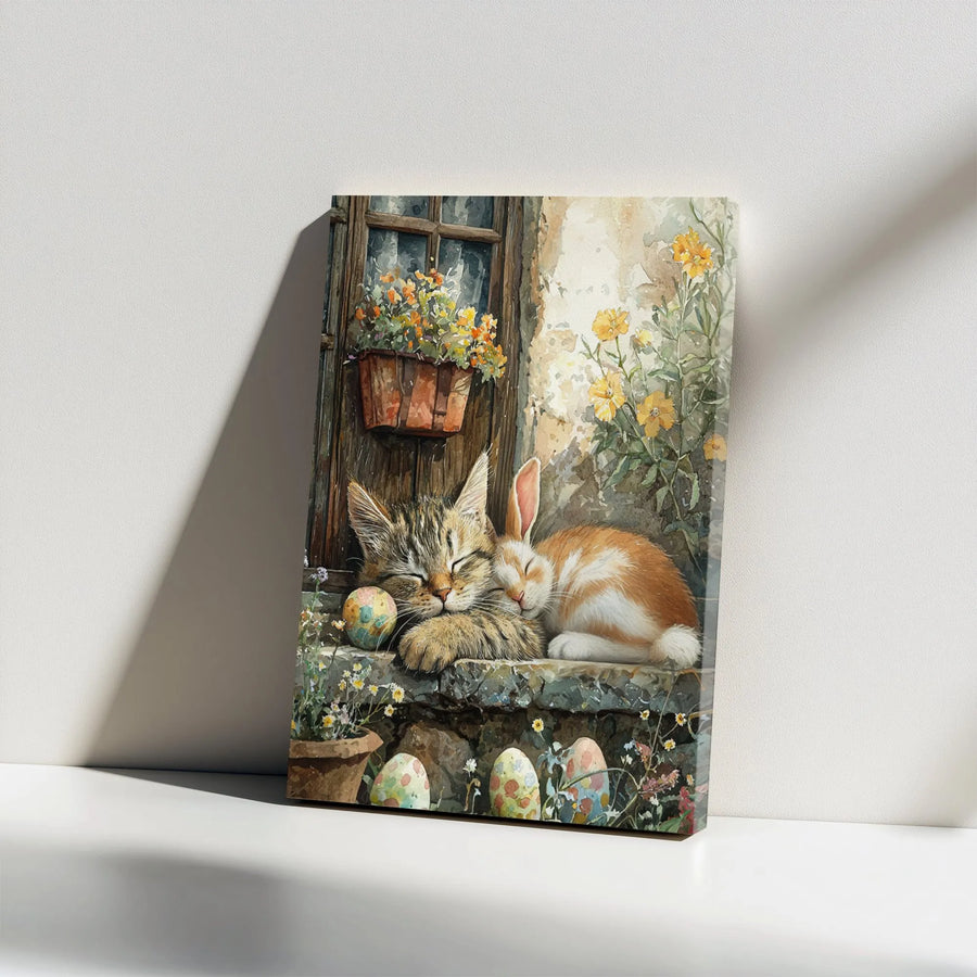 Easter Cat and Bunny Canvas Wall Art | Watercolor Kitten & Rabbit Sleeping Print | Premium Gallery Wrapped Canvas | Spring Home Decor Gift