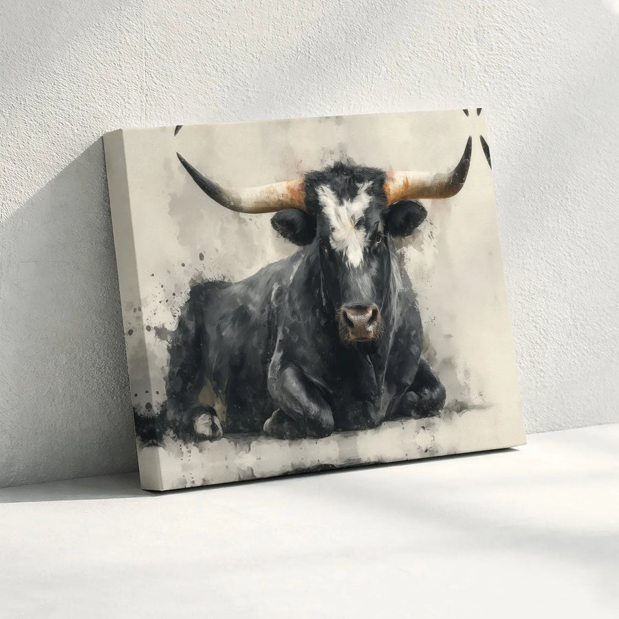 Texas Longhorn Bull Wall Art | Black And White Watercolor Animal Print | Premium 1.25" Gallery Canvas | Farmhouse Western Home Decor Gift