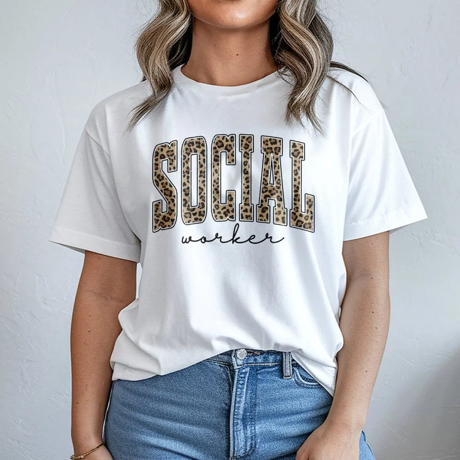 Social Worker T-Shirt | Leopard Print Graphic Tee | Premium Comfort Colors Cotton | Mental Health Awareness Appreciation Gift for Women