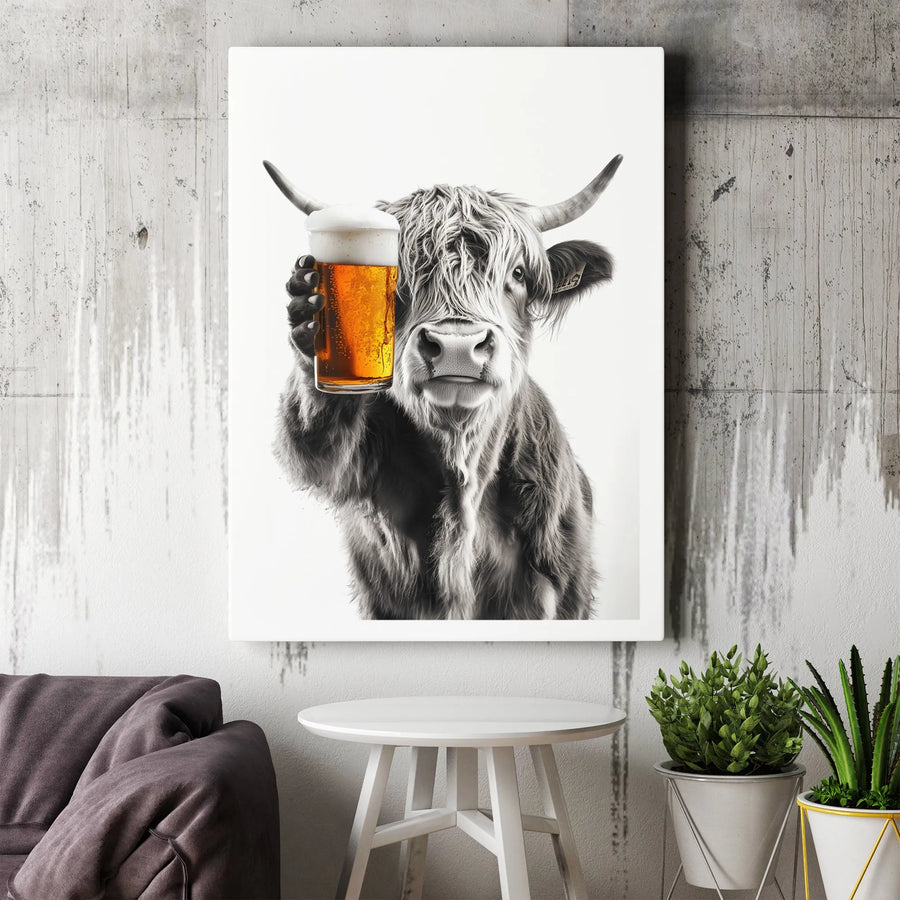 Highland Cow Wall Art | Funny Beer Drinking Farm Animal | Premium Canvas Print | Rustic Pub Decor Gift for Beer Lovers