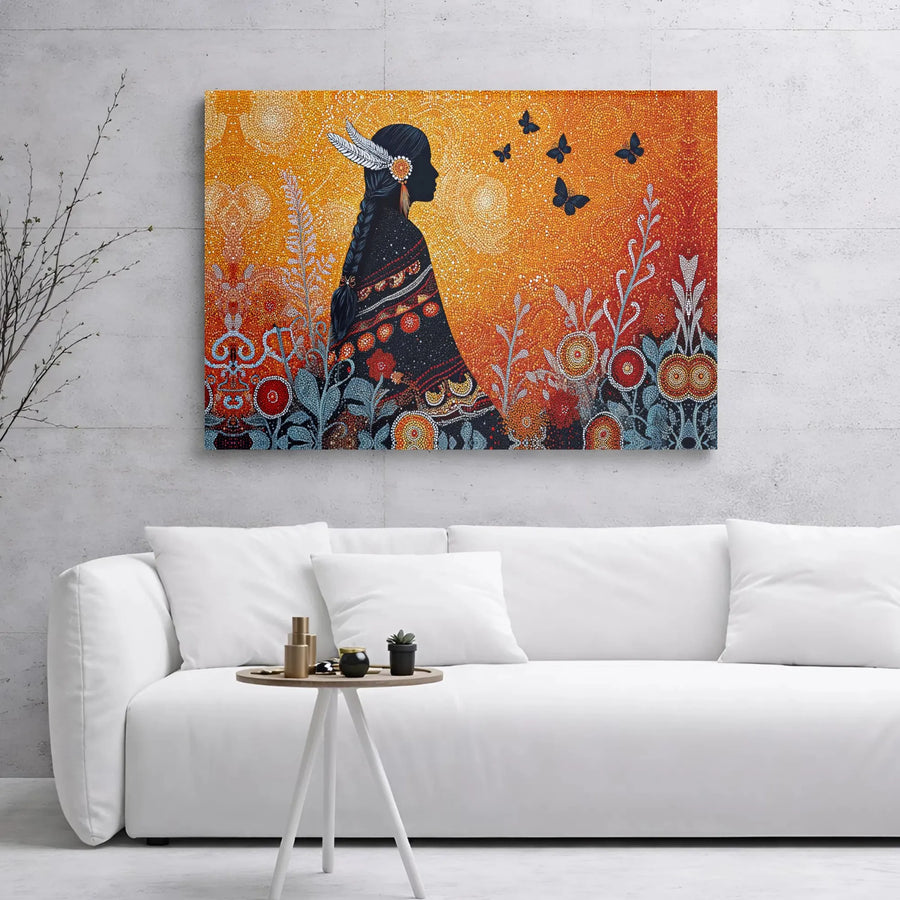 Aboriginal Dot Art Canvas | Indigenous Woman and Butterfly Wall Decor | Premium 1.25-Inch Gallery Wrap | Spiritual Cultural Gift for Home
