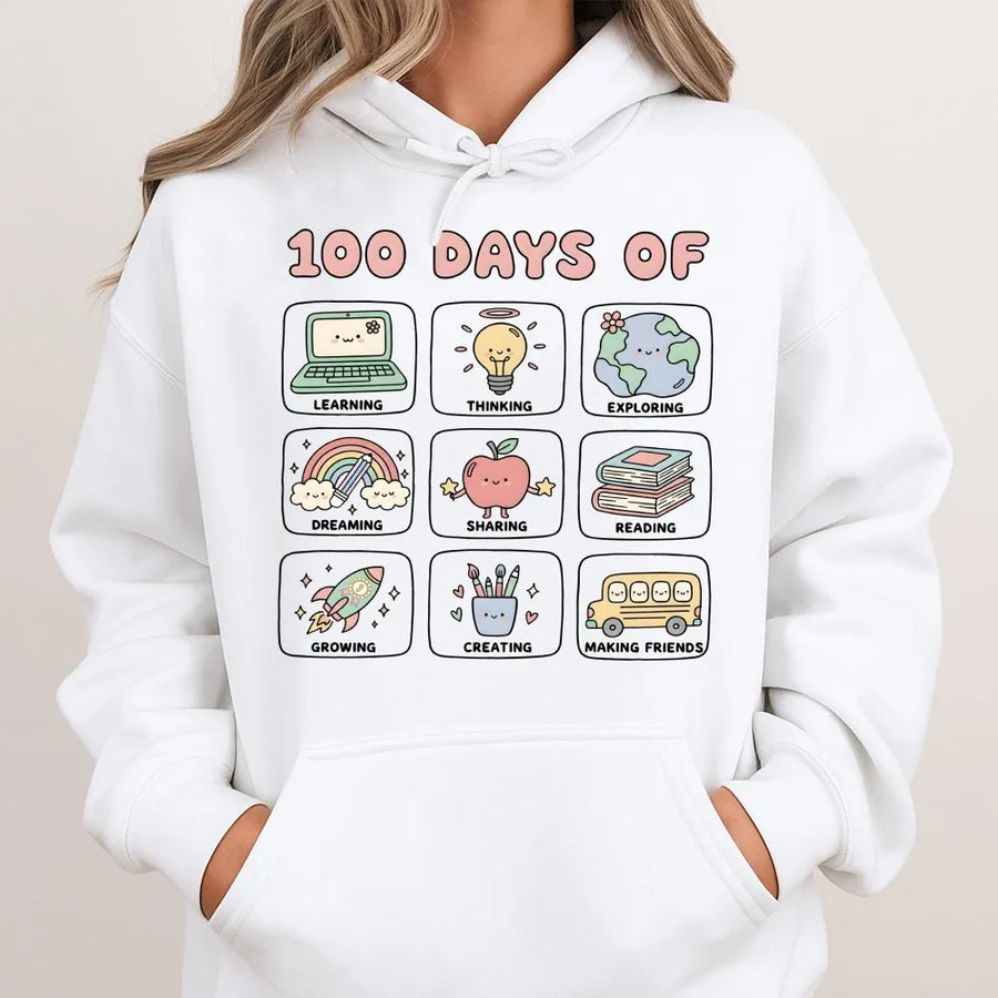 100 Days Of School Hoodie | Cute Kawaii Classroom Icons Design | Premium Cotton Blend | Teacher And Student Celebration Gift