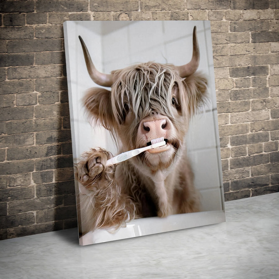 Highland Cow Brushing Teeth Canvas Art | Funny Bathroom Wall Decor | Premium Framed Gallery Print | Whimsical Farmhouse Animal Gift for Home