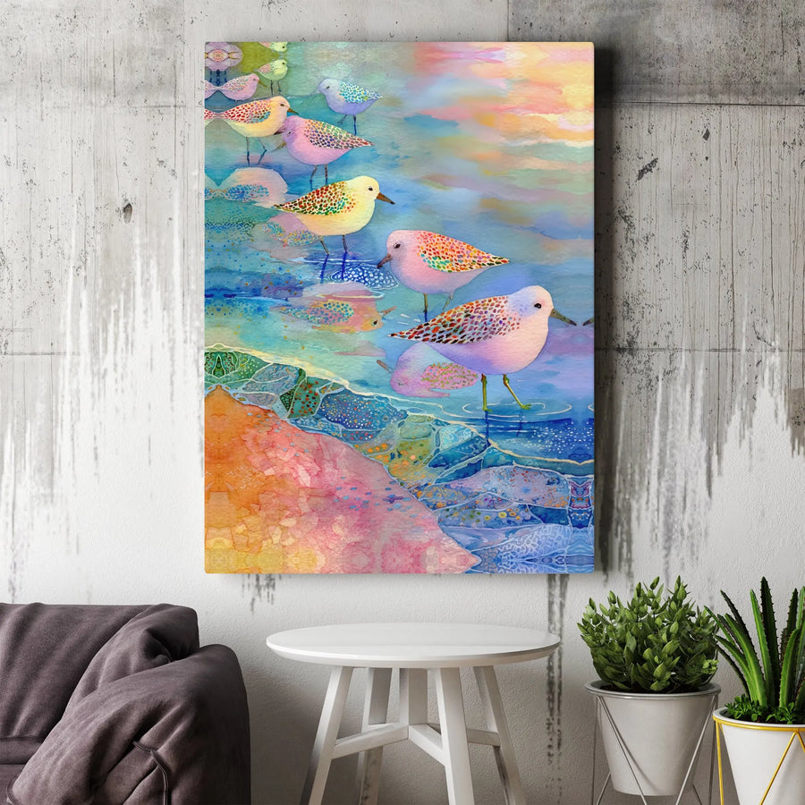 Coastal Bird Canvas Print | Colorful Watercolor Beach Scene | Premium Gallery Wrapped Canvas | Nautical Home Decor Gift