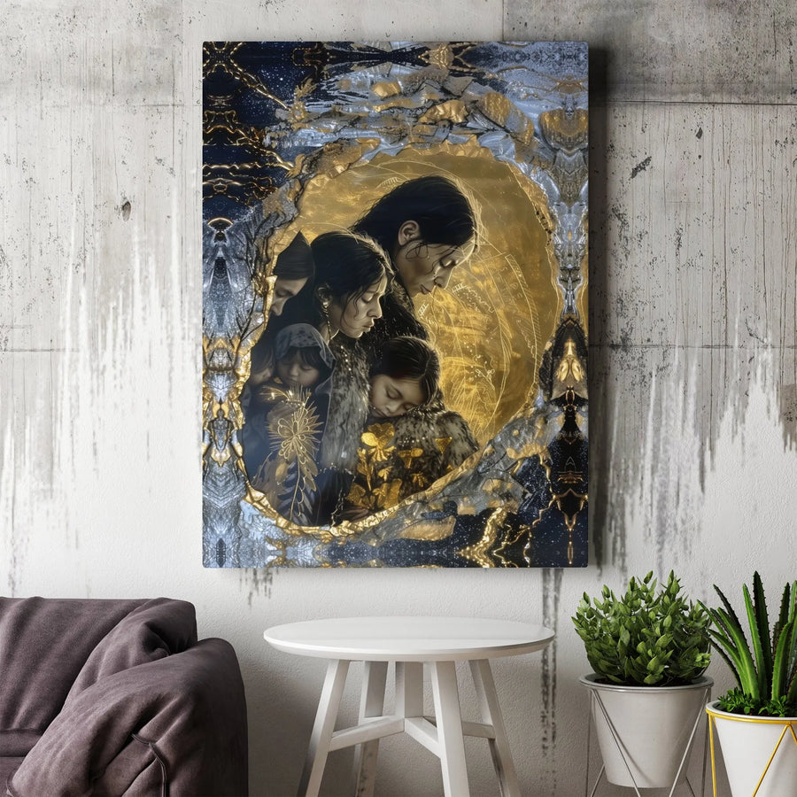 Mother and Children Wall Art | Abstract Gold & Blue Celestial Design | Premium Gallery Wrapped Canvas | Spiritual Home Decor Gift for Mom