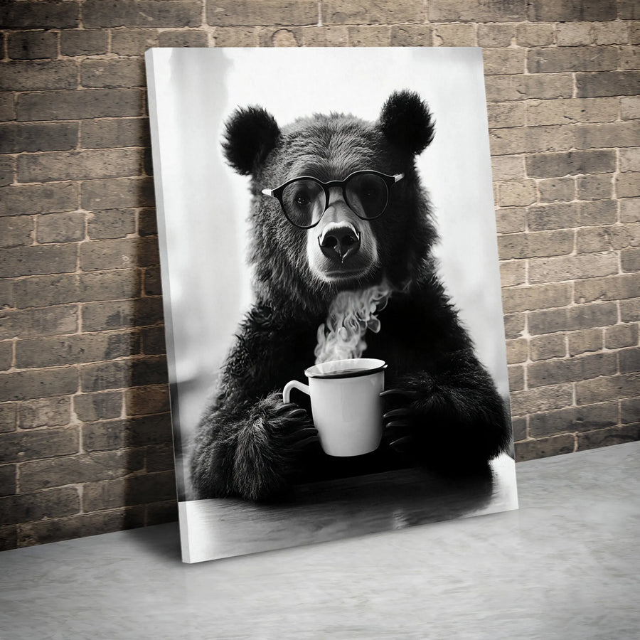 Bear Drinking Coffee Wall Art | Whimsical Animal Portrait With Glasses | Premium Gallery Wrap Canvas | Rustic Home Decor Gift For Coffee Lovers