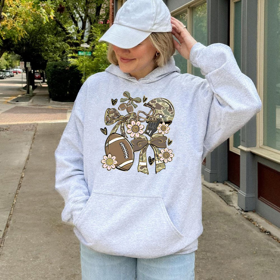 Football Camo Hoodie | Floral Game Day Graphic with Bows | Premium Cotton Blend | Cute Fall Sports Gift for Women and Football Moms