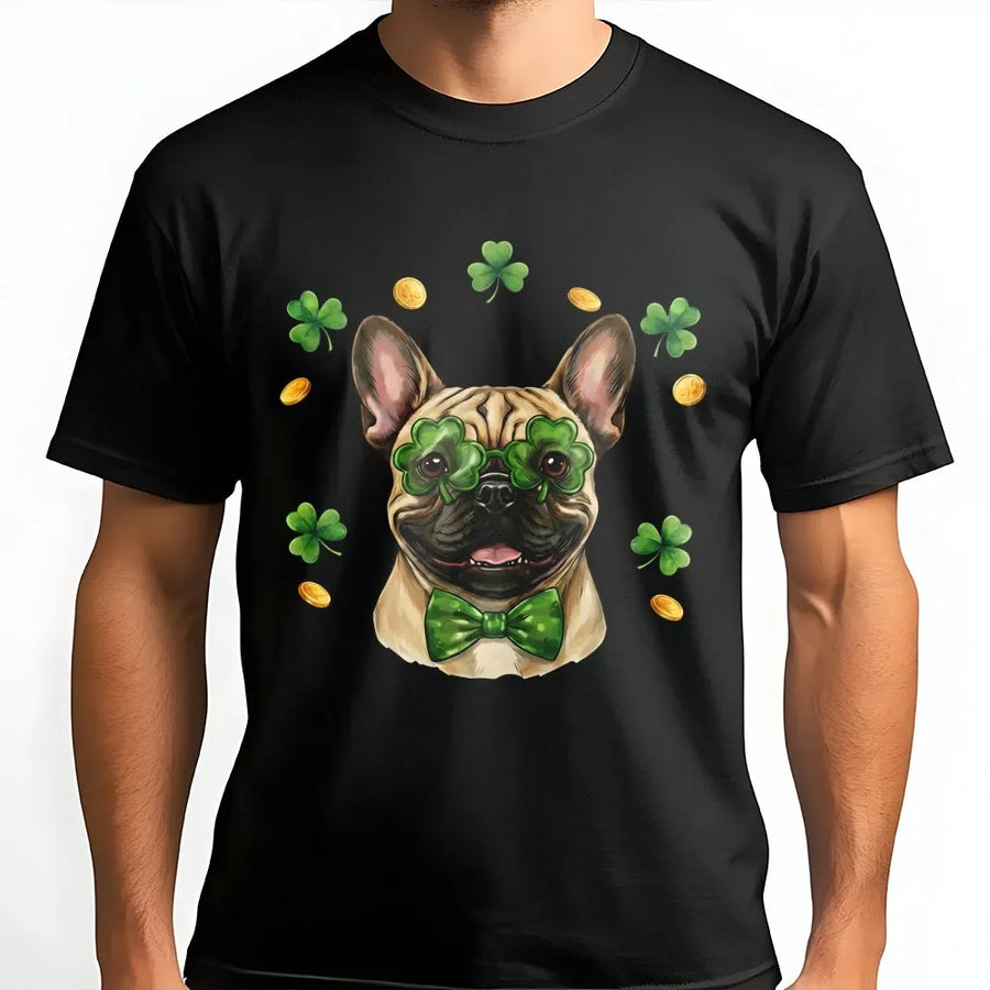 French Bulldog St. Patrick's Day T-Shirt | Clover Glasses Graphic Print | Premium 100% Cotton | Lucky Dog Mom Gift