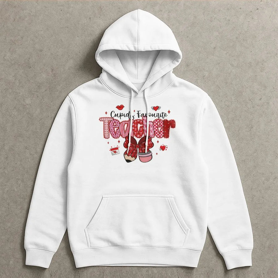 Cupid's Favorite Teacher Hoodie | Retro Valentine Pencil & Bow Design | Soft Cotton Blend Pullover | Cute Valentine's Day Teacher Gift