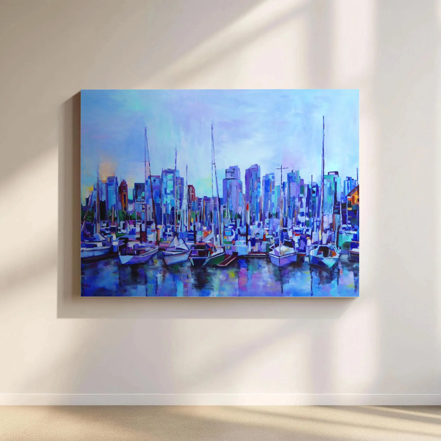 Marina Harbor Skyline Horizontal Canvas | Impressionist Sailboat Painting Print | Premium 1.25” Gallery Wrap | Living Room Decor Nautical Gift for Boat Lovers