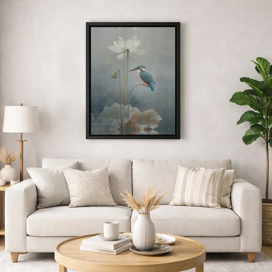 Kingfisher Bird and Lotus Flower Canvas Wall Art | Serene Botanical Nature Print | Premium Fade-Resistant Gallery Wrap | Elegant Home Office Decor