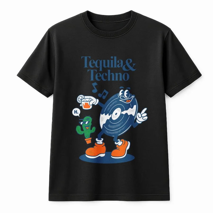 Tequila and Techno Graphic T-Shirt | Retro Cartoon Music Mascot Design | Soft Breathable Cotton | Gift for DJ & Music Festival Goer