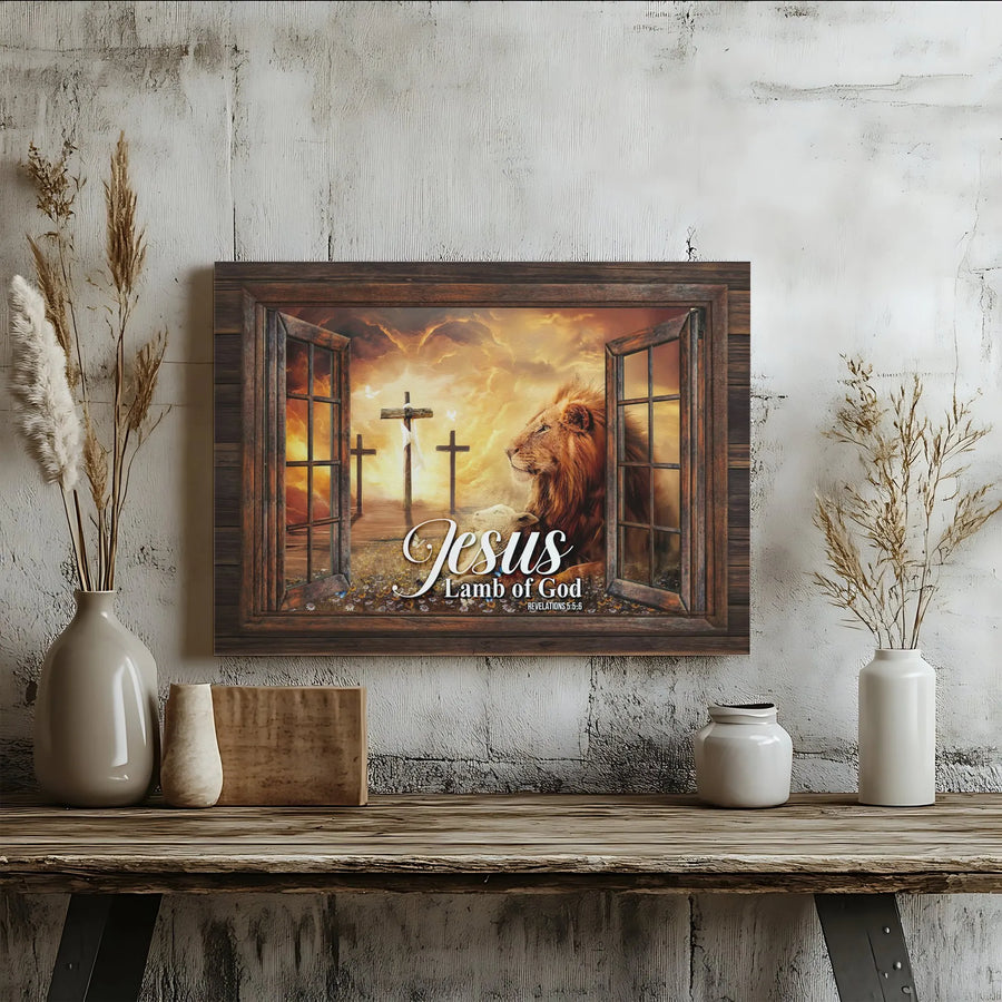 Jesus Lamb of God Canvas Wall Art | Lion and Lamb Rustic Window Scene | Premium Fade-Resistant Print | Inspirational Christian Home Decor Gift