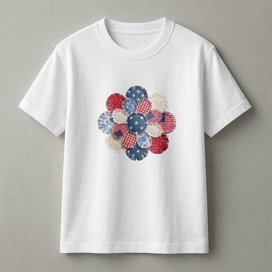 Patriotic Patchwork Flower T-Shirt | Americana Quilt Style Graphic | Premium Comfort Colors Tee | 4th of July Gift for Women