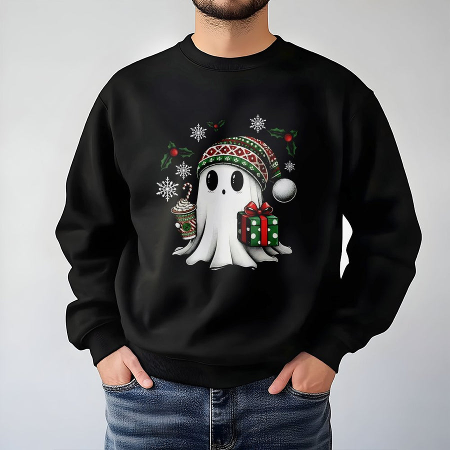 Cute Ghost Christmas Sweatshirt | Spooky Holiday Hot Cocoa Graphic | Premium Cotton Blend Crewneck | Unisex Funny Winter Holiday Gift