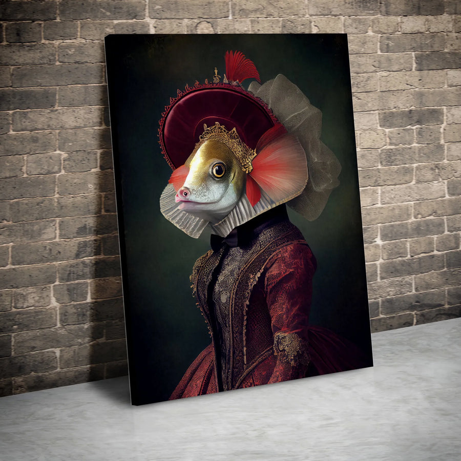 Victorian Fish Queen Portrait Canvas | Anthropomorphic Animal Wall Art | Premium Gallery Wrapped Print | Quirky Home Decor Gift