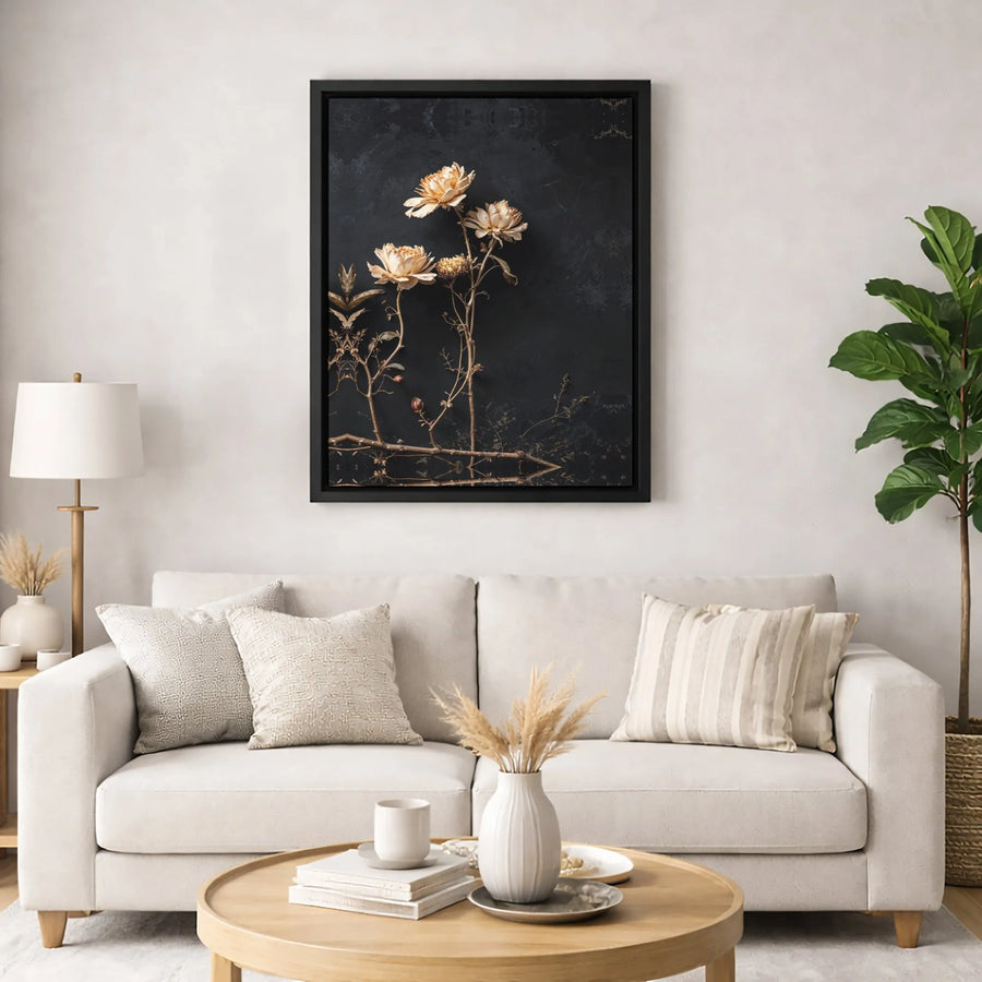 Gilded Dried Flower Wall Art | Moody Black Botanical Canvas Print | Premium Gallery-Wrapped Decor | Elegant Floral Gift for Living Room
