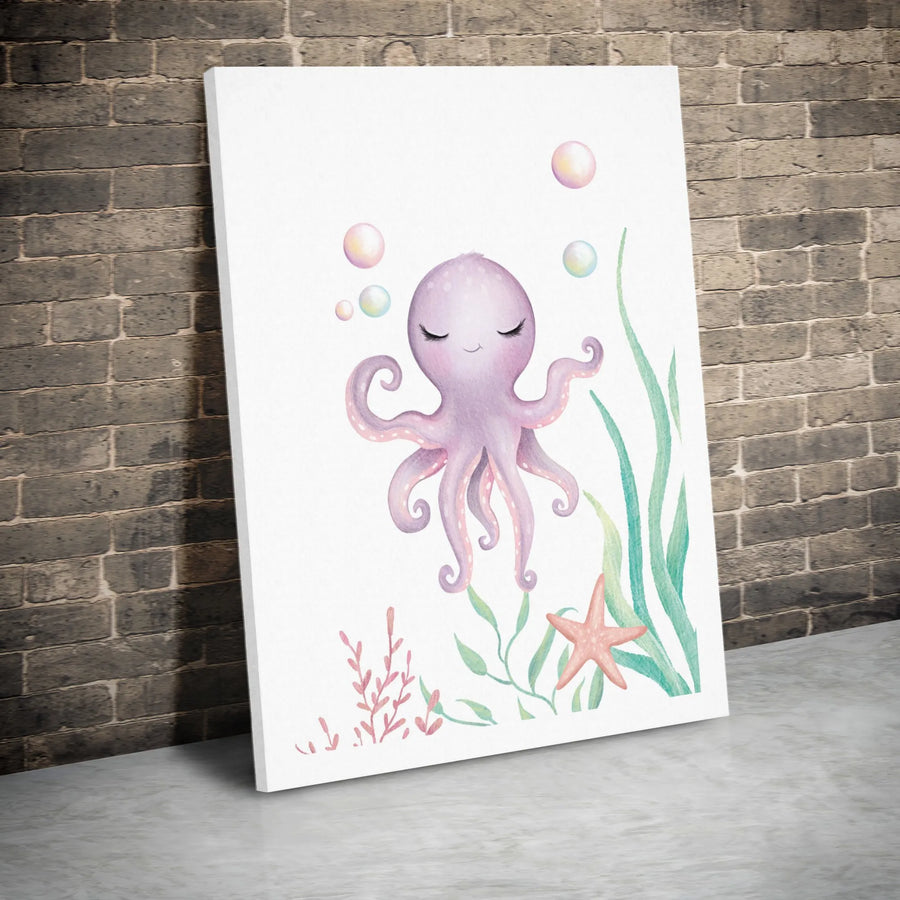 Cute Octopus Wall Art | Watercolor Nautical Nursery Decor | Premium Gallery Wrapped Canvas | Gift for Kids Room or Baby Shower