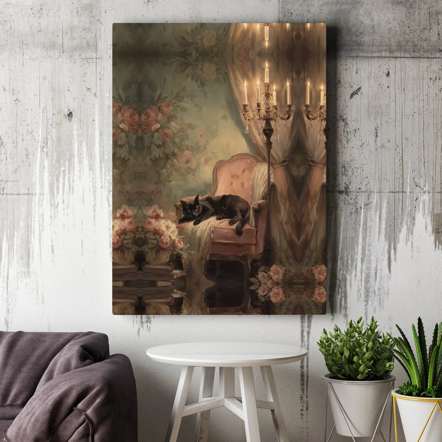 Black Cat Canvas Wall Art | Vintage Victorian Floral Decor | Premium Fade-Resistant Print | Moody Gothic Home Gift