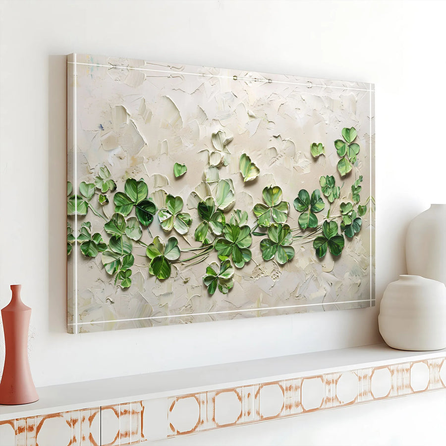 Shamrock Clover Canvas Wall Art | Textured 3D Impasto Style Print | Premium Canvas | St. Patrick's Day Gift for Irish Home Decor