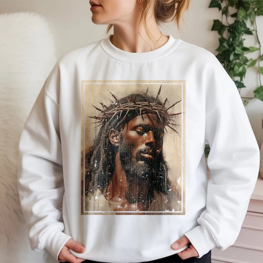 Black Jesus Sweatshirt | Crown of Thorns Religious Art | Premium Cotton-Blend Pullover | Christian Faith Gift for Men and Women