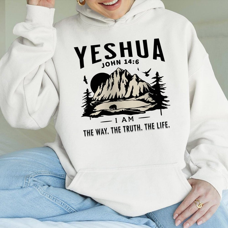 Yeshua John 14:6 Bible Verse Hoodie | Christian Mountain Landscape Graphic | Premium Cotton Blend | Faith-Based Religious Gift for Men and Women