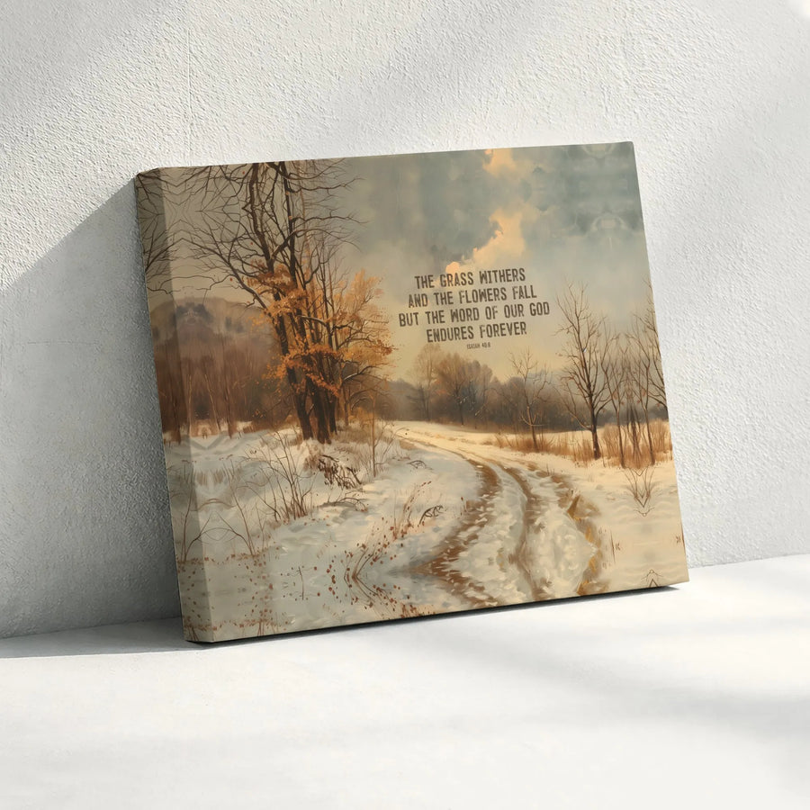 Isaiah 40:8 Bible Verse Wall Art | Winter Landscape Scripture Print | Premium Gallery Wrapped Canvas | Faithful Christian Home Decor Gift