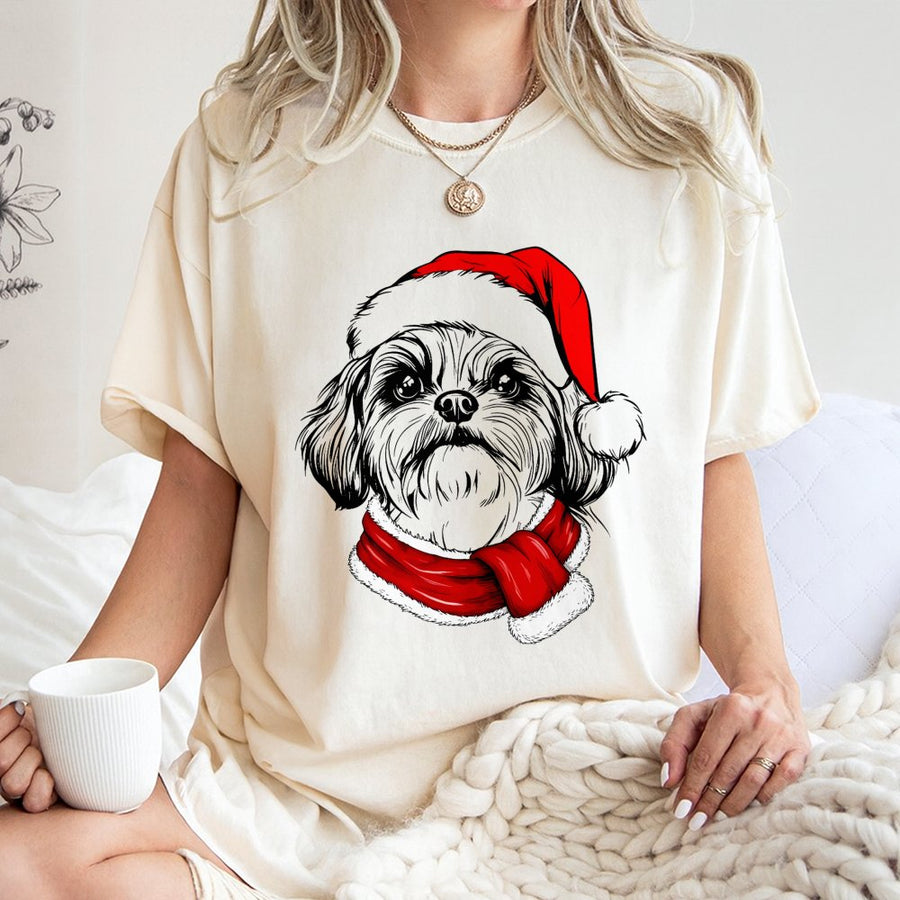 Shih Tzu Christmas T-Shirt | Santa Hat and Scarf Graphic | 100% Cotton Premium Tee | Festive Holiday Gift for Dog Lovers
