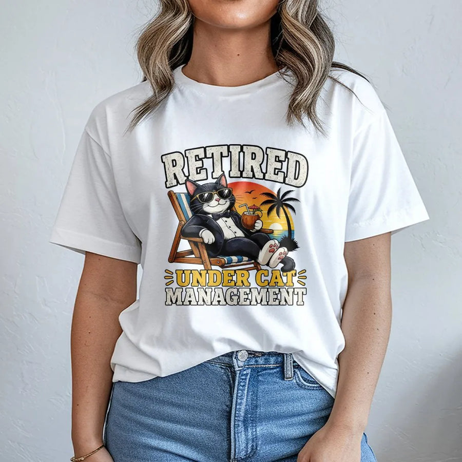 Retired Under Cat Management T-Shirt | Funny Tuxedo Cat Graphic Tee | Premium Soft Cotton | Retirement Gift for Cat Dad & Retiree