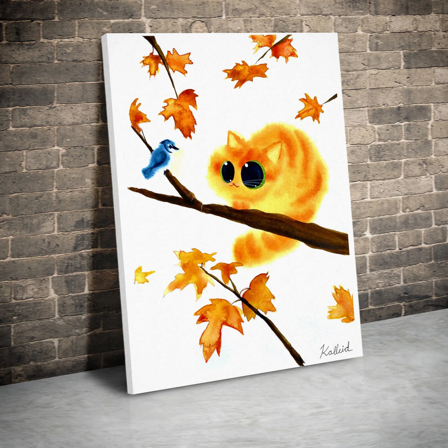 Orange Cat Wall Art | Watercolor Autumn Kitten and Blue Bird Print | Premium 1.25-Inch Gallery Canvas | Cute Fall Home Decor Gift for Cat Lovers