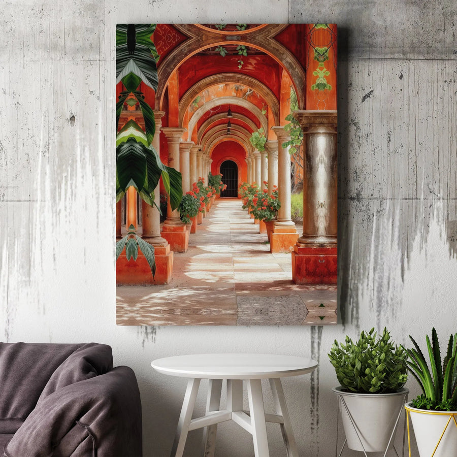 Mediterranean Architecture Canvas Wall Art | Orange Arched Colonnade with Potted Plants | Premium Gallery Wrapped Print | Tuscan Home Decor Gift