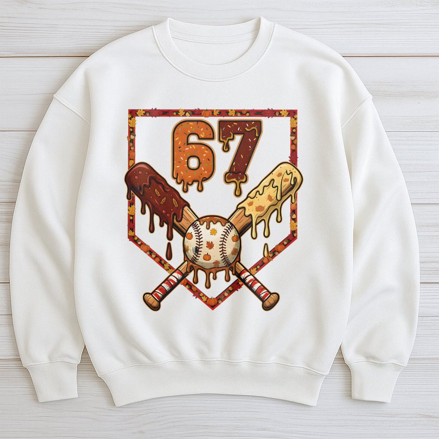 67 Baseball Thanksgiving Sweatshirt | Drip Font Autumn Sports Graphic | Premium Cotton Blend Crewneck | Gift For Baseball Players And Fans