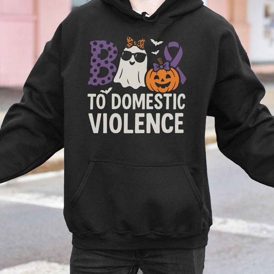 Boo To Domestic Violence Hoodie | Halloween Awareness Graphic Sweatshirt | Cotton-Polyester Blend | Unisex Advocacy Gift for Supporters