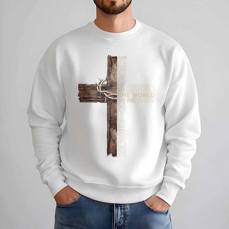 For God So Loved The World John 3:16 Sweatshirt | Rustic Wooden Cross Graphic | Premium Cotton Blend | Christian Faith Gift for Men and Women