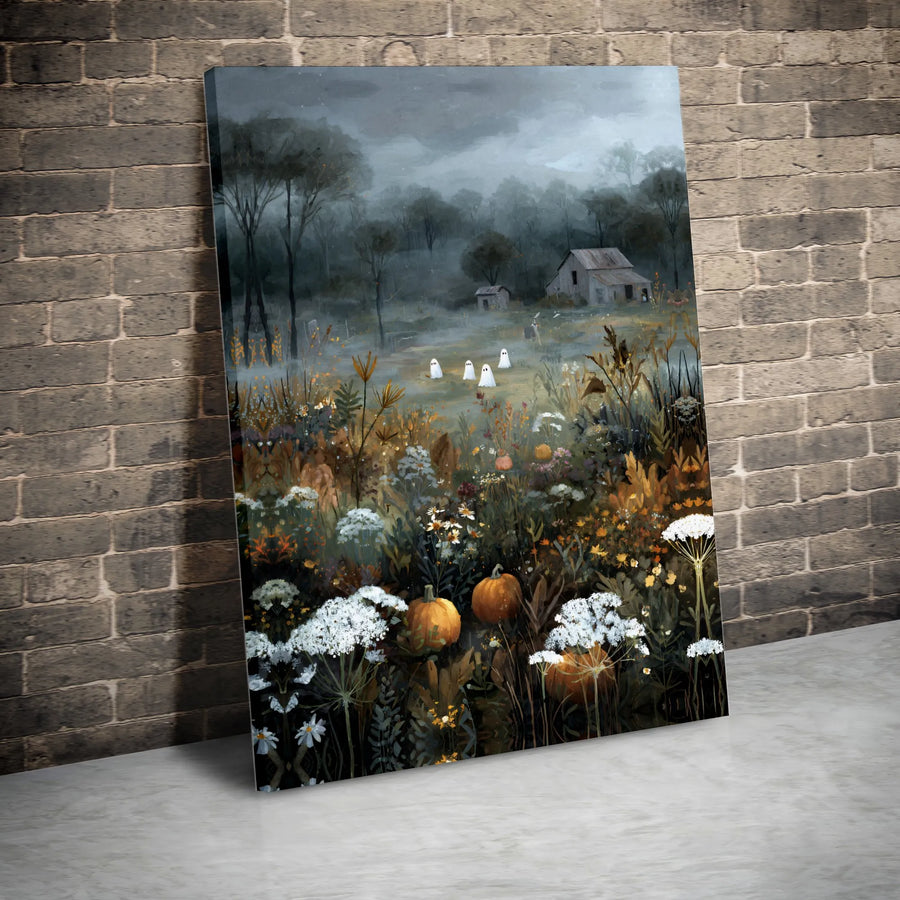 Spooky Ghost Canvas Wall Art | Halloween Wildflower Pumpkin Patch Print | Gallery Quality Premium Decor | Whimsical Fall Farmhouse Gift