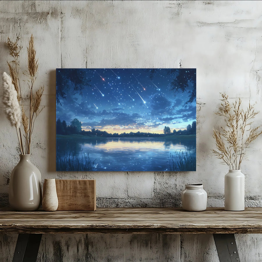 Starry Night Lake Canvas Print | Anime Style Meteor Shower Wall Art | 1.25" Gallery Wrap Premium Canvas | Ready To Hang Gift For Home Decor