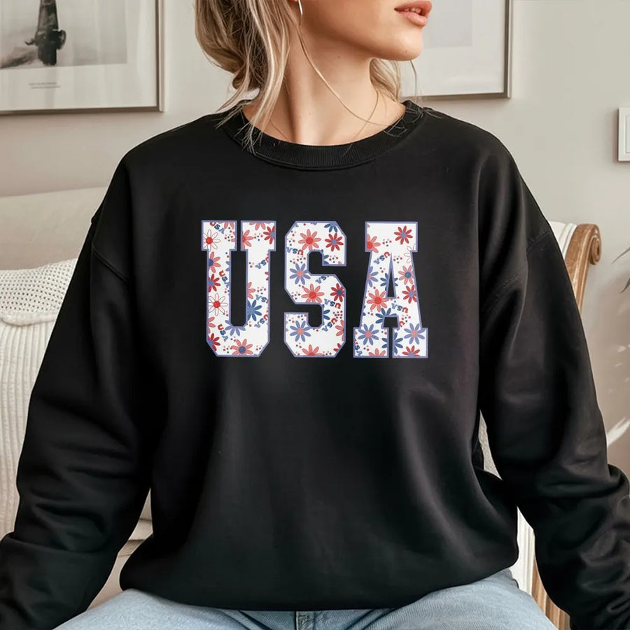 Patriotic USA Sweatshirt | Red White and Blue Floral Print | Soft Unisex Hoodie | 4th of July Independence Day Gift