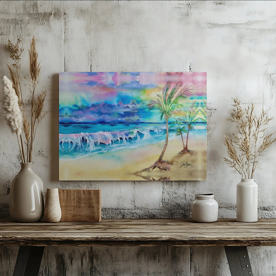 Tropical Beach Canvas Wall Art | Vibrant Watercolor Ocean Sunset | Premium Gallery Wrapped Canvas | Coastal Home Decor Gift
