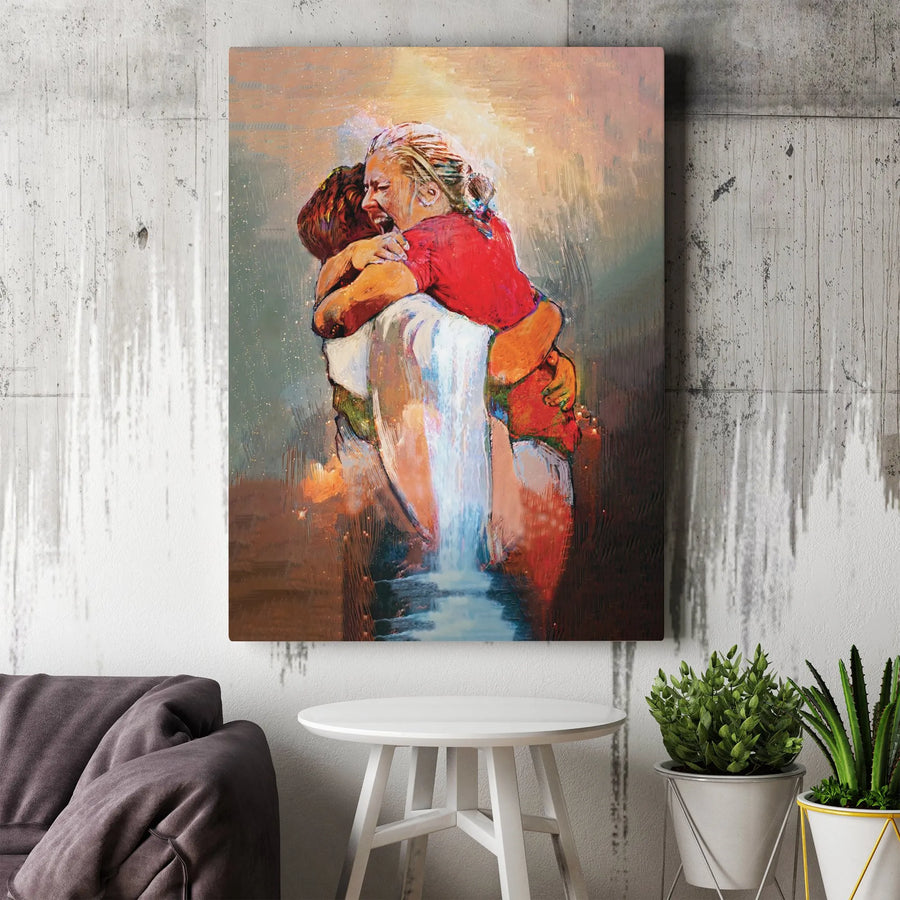 Jesus Embracing Crying Woman Canvas | First Day in Heaven Spiritual Art | Premium 1.25-inch Gallery Wrap | Comforting Christian Home Decor Gift