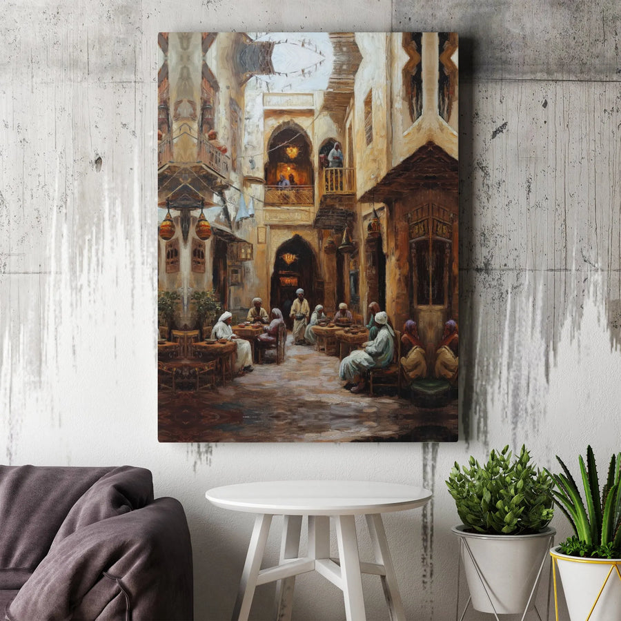 Arabian Street Cafe Canvas Print | Vintage Middle Eastern Market Art | Premium Gallery Wrap Wall Decor | Cultural Home Office Gift