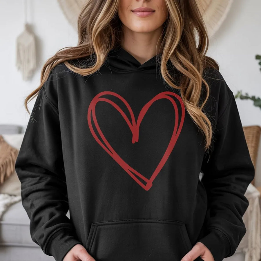 Cute Heart Hoodie | Minimalist Double Heart Sketch Design | Soft Cotton Blend Pullover | Valentine's Day Gift for Her, Women's Crewneck