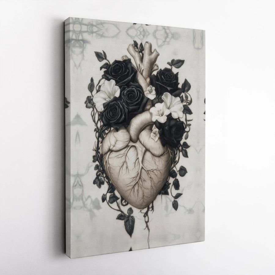 Anatomical Heart Canvas Art | Vintage Floral Illustration with Black Roses | Premium Gallery Wrapped Print | Gothic Home Decor Gift for Doctor