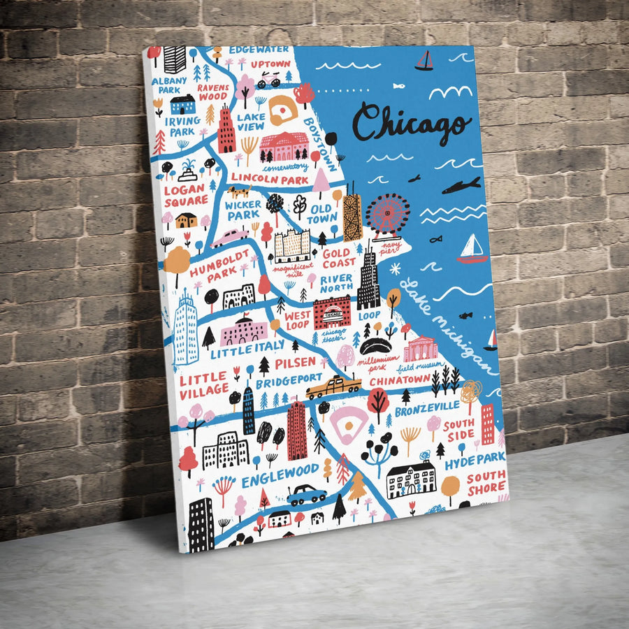 Chicago Map Canvas Print | Illustrated Neighborhoods Wall Art | Premium Thick Gallery Wrap | Collector's Home Decor Gift for Chicagoan