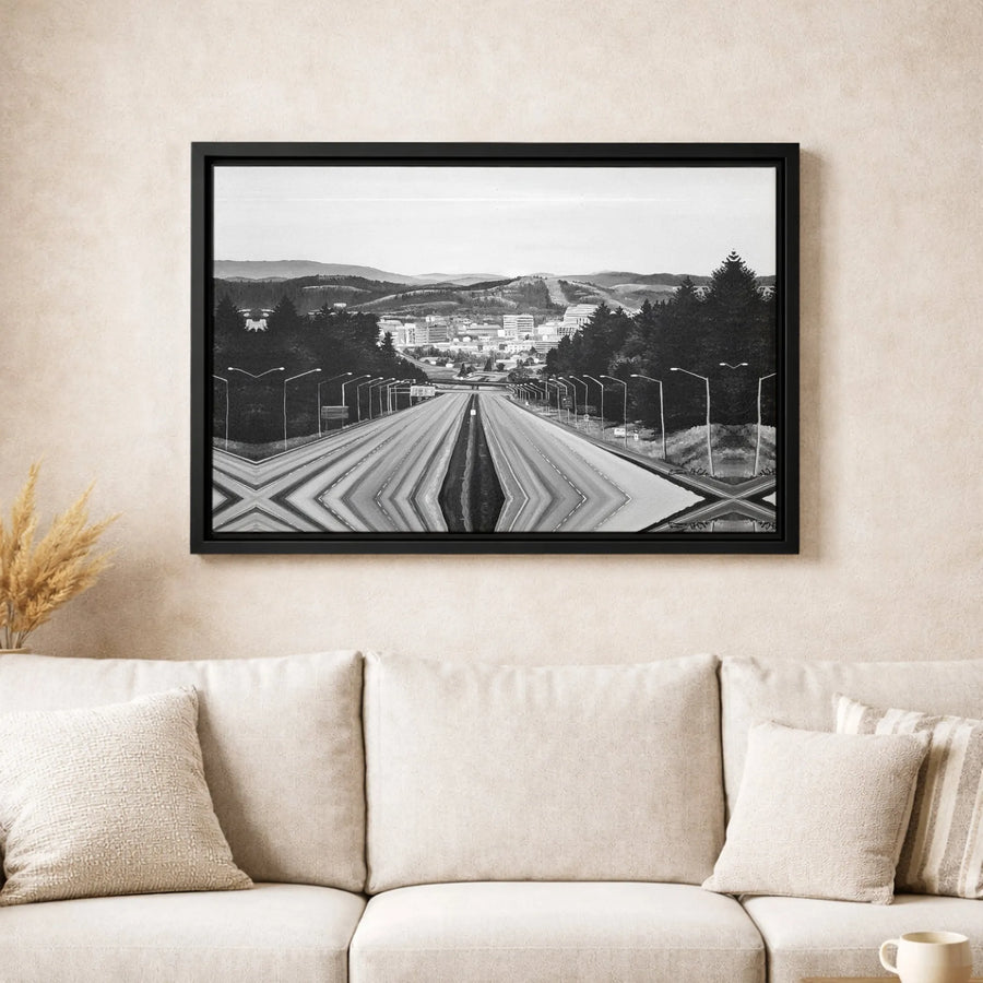 Black and White Cityscape Canvas Print | Mirrored Highway Surreal Art | 1.25 Inch Gallery Wrap | Modern Home Office Decor Wall Art
