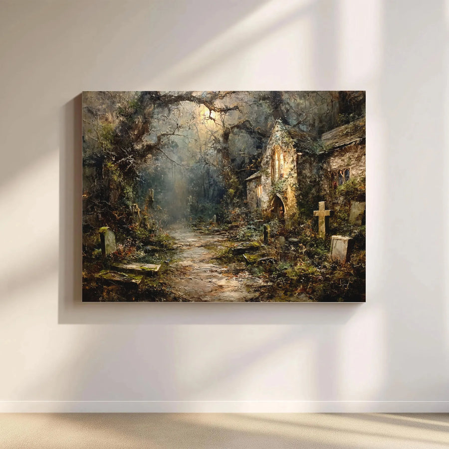 Gothic Graveyard Canvas Wall Art | Abandoned Church Dark Forest Landscape | Premium Gallery-Wrapped Print | Moody Haunted Home Decor Gift