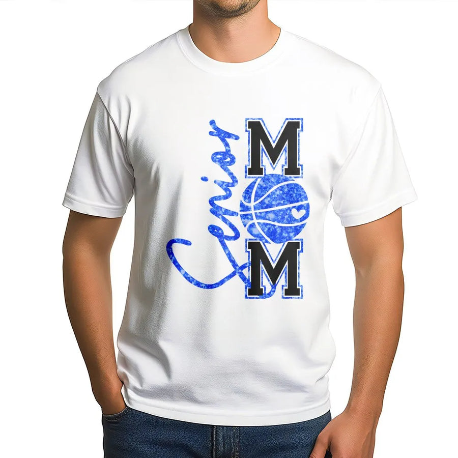 Senior Basketball Mom T-Shirt | Blue Glitter Basketball Design | Premium 100% Cotton Tee | Gift for Basketball Mom Game Day Outfit
