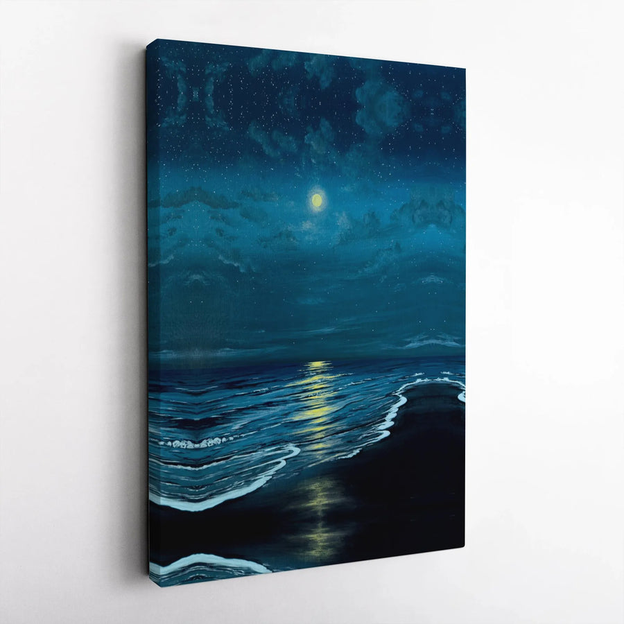 Moonlit Ocean Canvas Wall Art | Night Sky Seascape Print | Premium Fade-Resistant Gallery Wrap | Modern Coastal Decor for Bedroom or Living Room